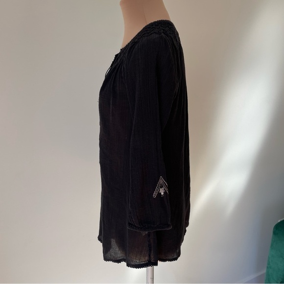 Joie Caviar Black Cotton Peasant 3/4 Sleeve Tassel Neck Ynes Embroidery Blouse S - Picture 2 of 9